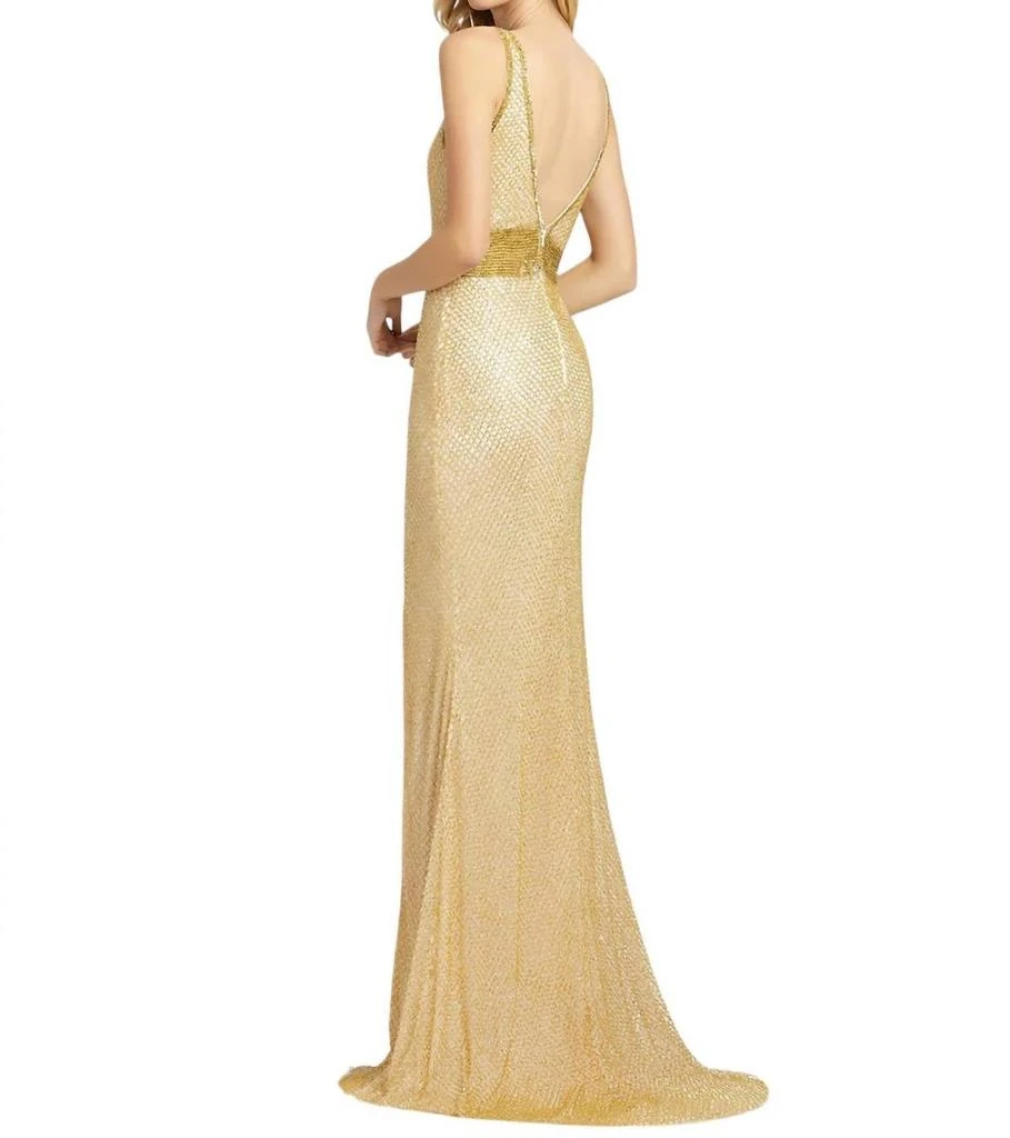 Mac Duggal Lattice Textured High Slit Long Gown In Gold 2