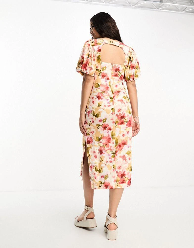Moon River Moon River square neck puff sleeve midi dress in orange floral 3