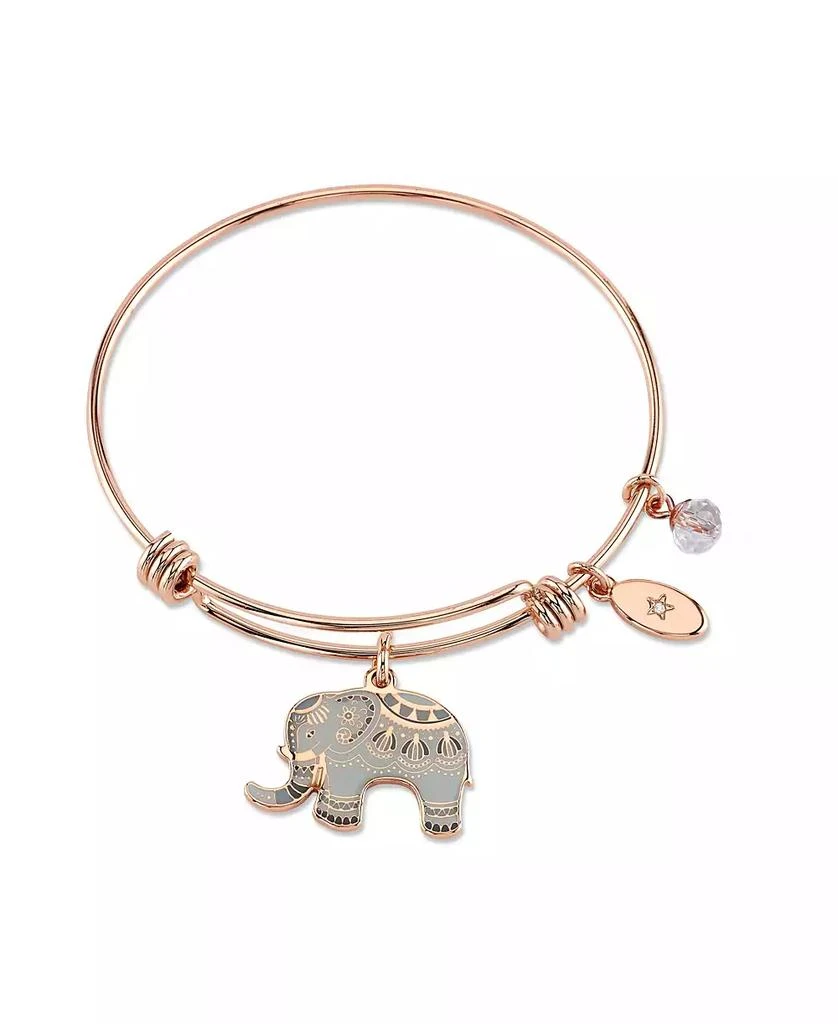 Unwritten "All Good Things are Wild and Free" Elephant Charm Adjustable Bangle Bracelet in Rose Gold-Tone Stainless Steel with Silver Plated Charms