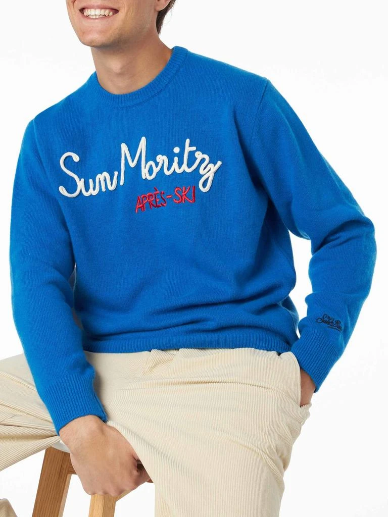 Mc2 Saint Barth Man Crewneck Sweater With Sun Moritz Après Ski Embroidery 1