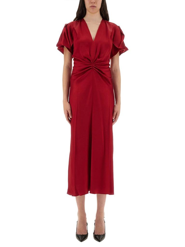 Victoria Beckham Victoria Beckham V-Neck Gathered-Detail Midi Dress