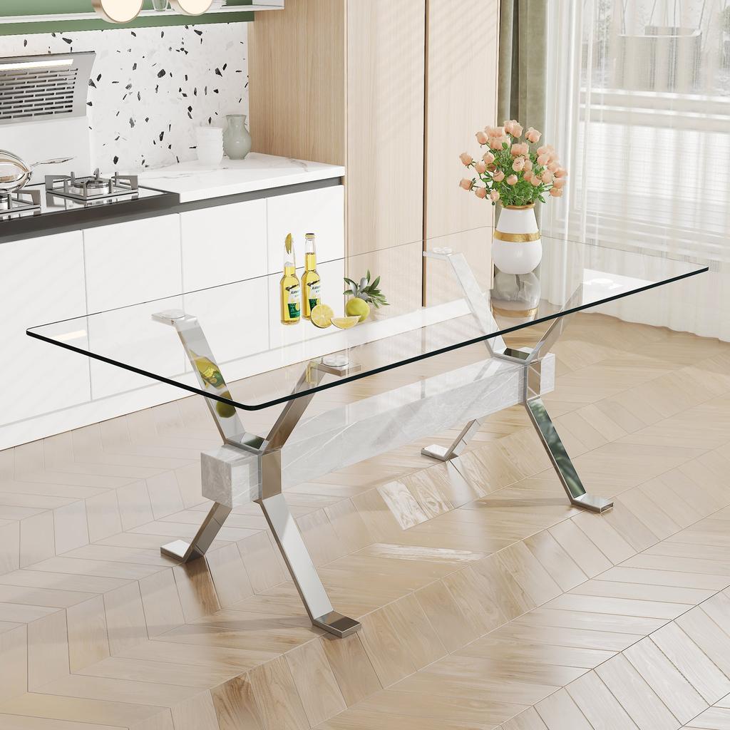 Hivvago Modern Luxury Tempered Silver Chrome Plated Glass Table with Support Crossbar - Transparent