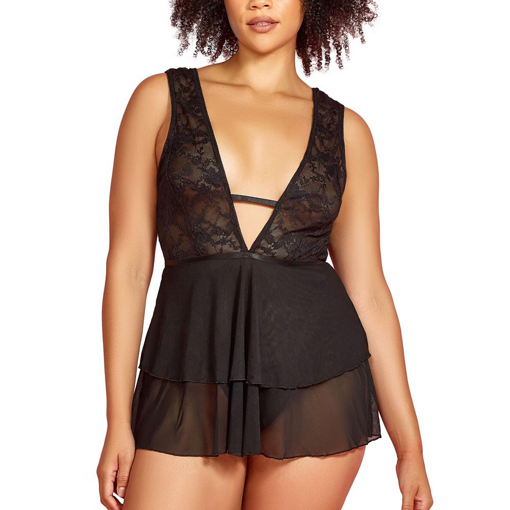 Hauty Plus Size Lace Plunge Neck Babydoll and Panty 2 Pc Lingerie Set