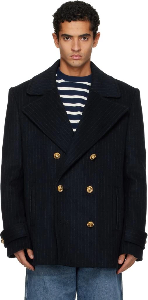 Balmain Navy Short Striped Wool Pea Coat 1