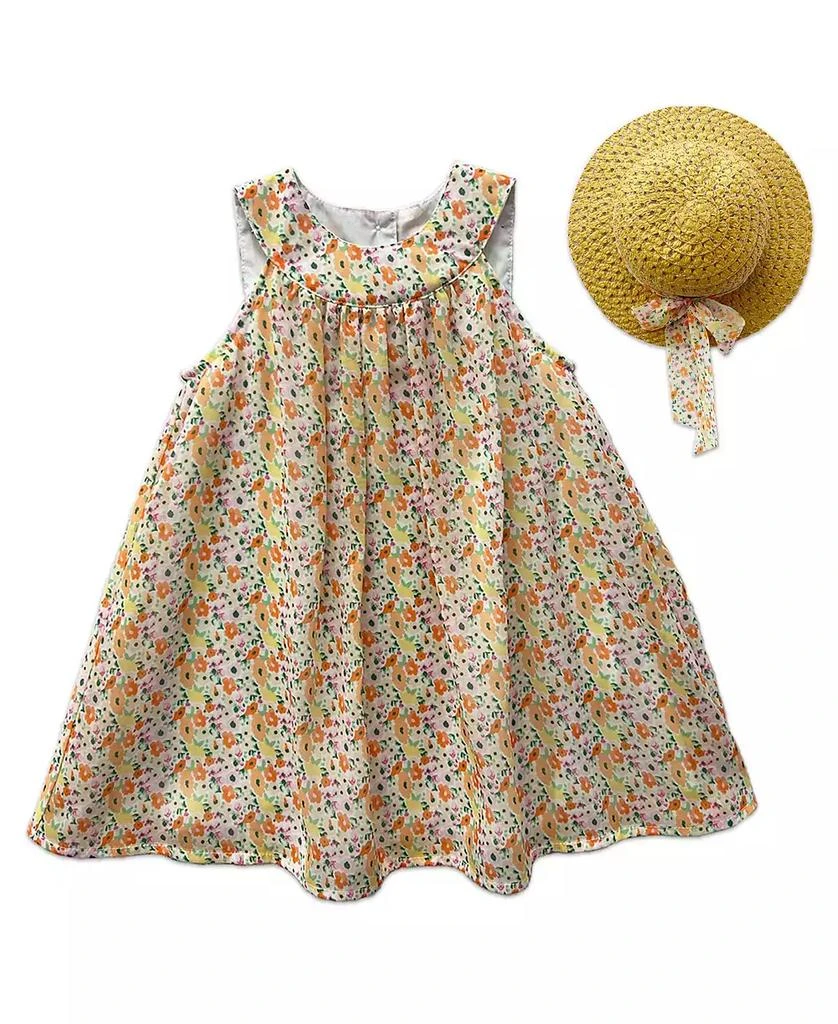 Blueberi Boulevard Baby Girls Floral Print Tent Dress and Straw Hat Set 1
