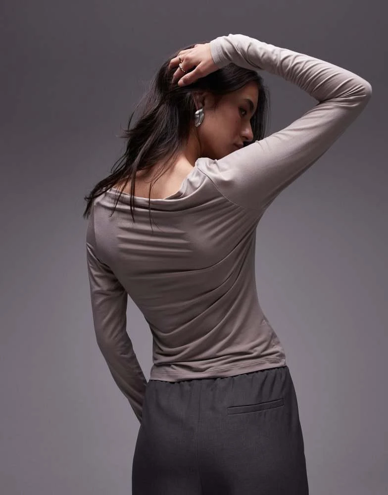& Other Stories & Other Stories ruche boat neck top with long sleeves in beige 4