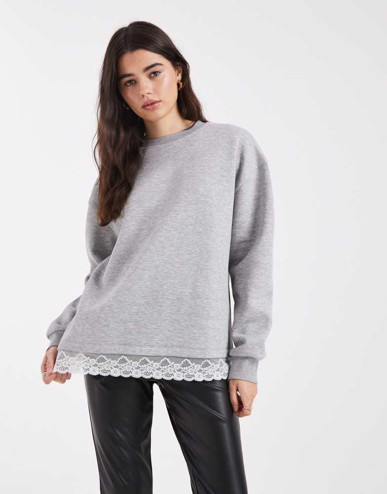 ASOS ASOS DESIGN oversized sweatshirt with lace hem detail in grey marl