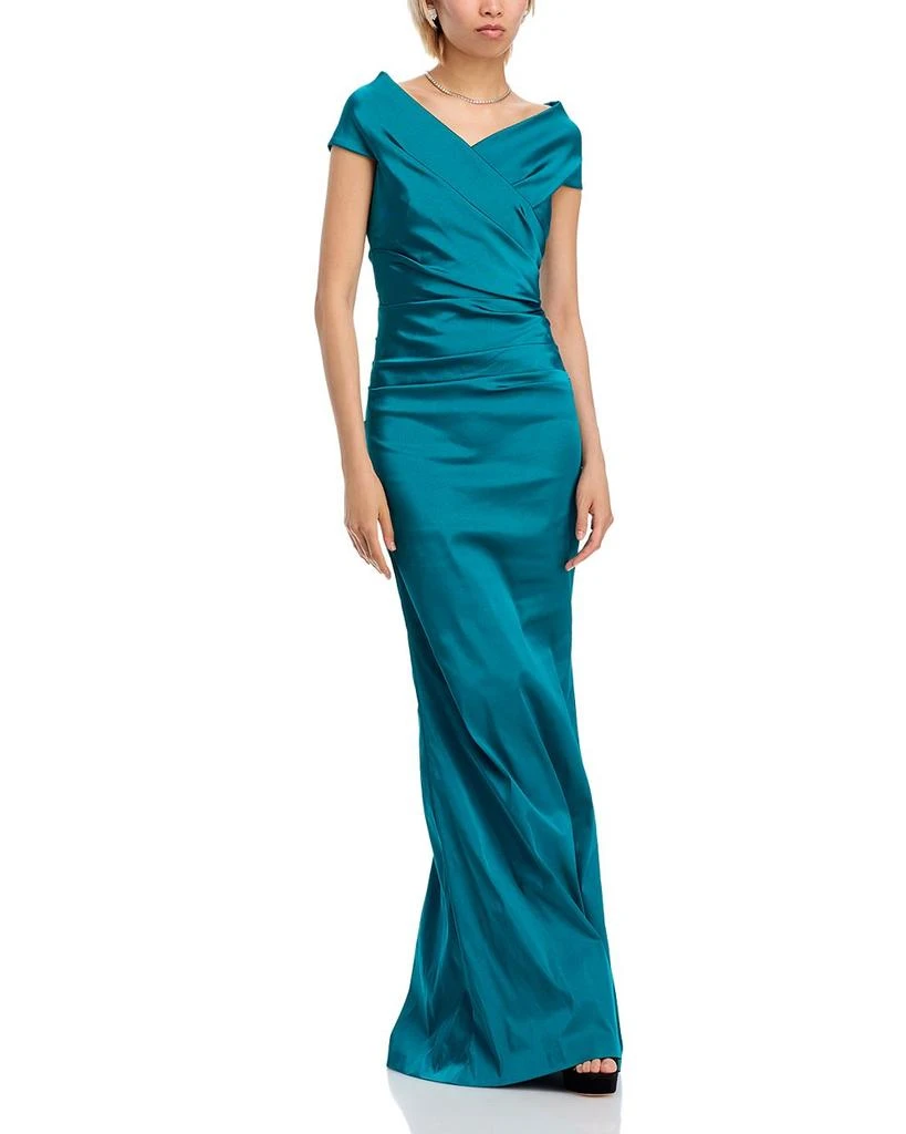 Teri Jon Off-the-Shoulder Ruched Satin Gown 1