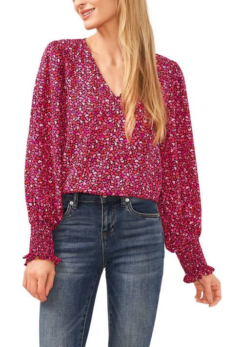 CeCe Womens V Neck Heart Blouse With Smocking Cuffs 1