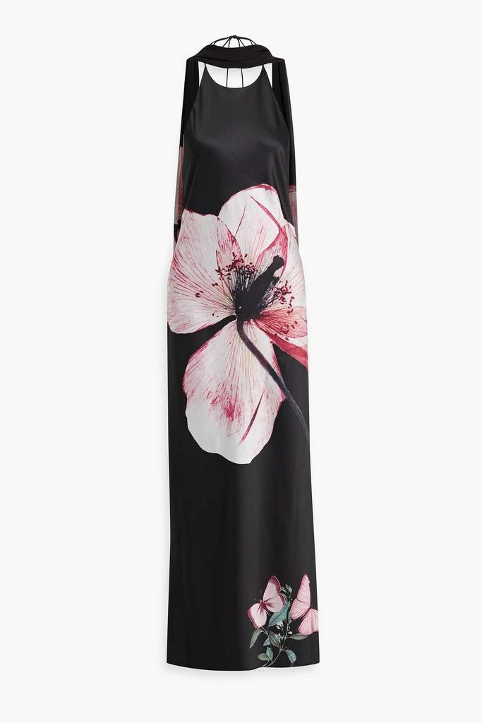 Alice + Olivia Montana chiffon-paneled floral-print satin halterneck gown 1