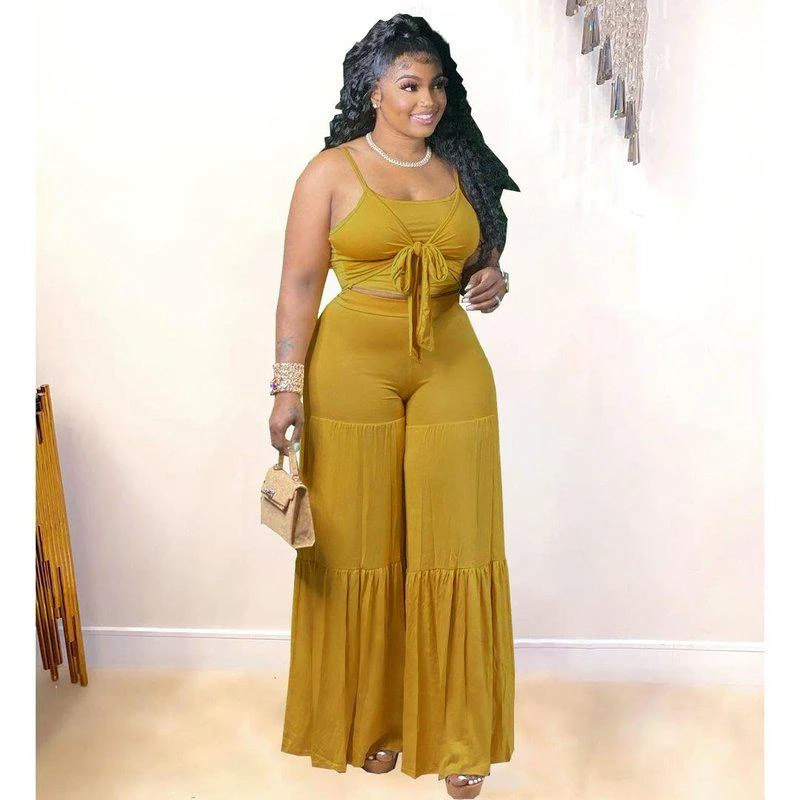 Vigor Trendy Casual Plus Size Women Summer Tank Top And Flare Pants Two Piece Set Fat Lady Outfit