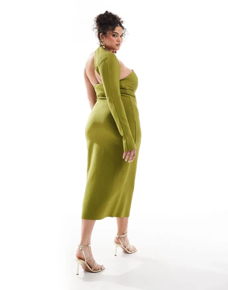 ASOS ASOS DESIGN Curve bandage wrap around neckline one sleeve midi dress in green 2
