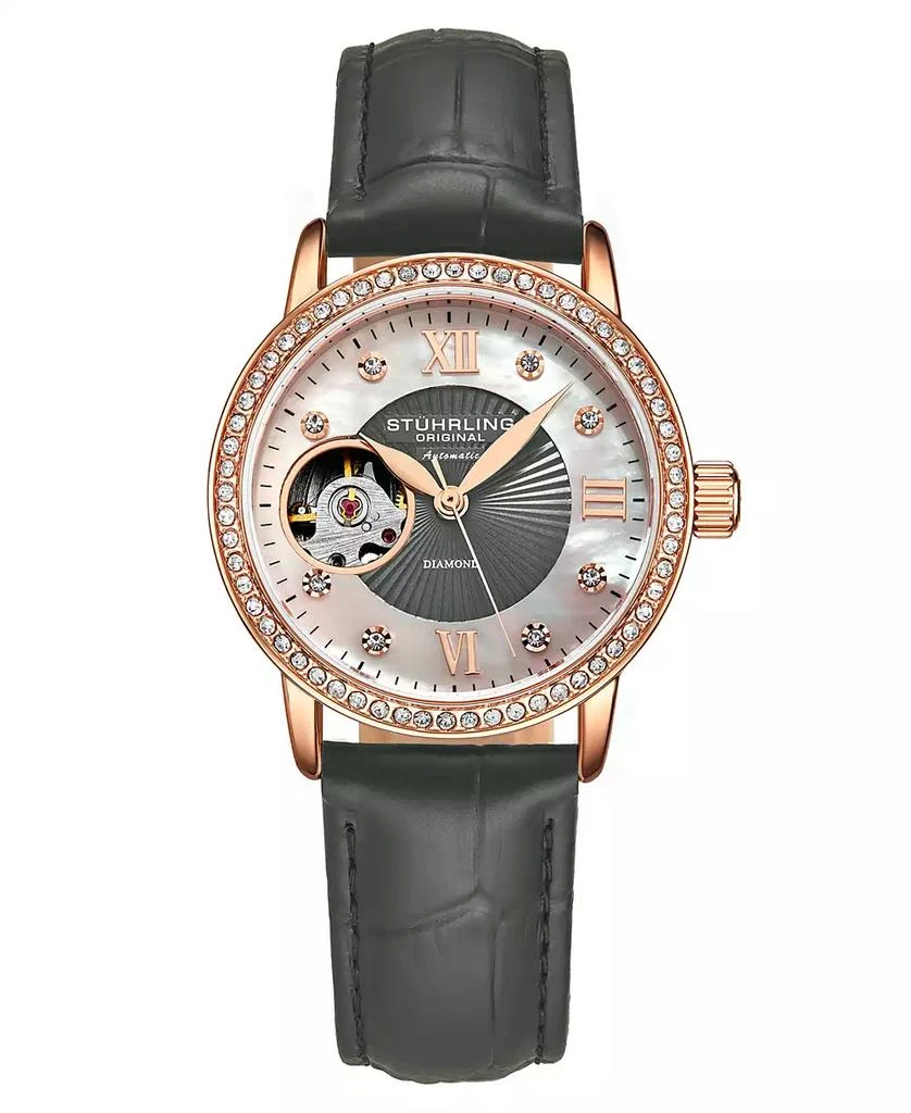 Stuhrling Women's Automatic Gray Alligator Embossed Genuine Leather Strap Watch 34mm 1