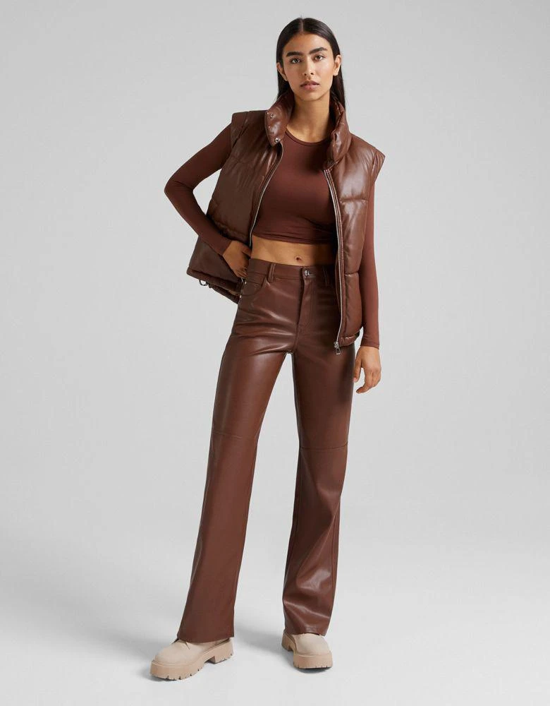 Bershka Bershka faux leather straight leg trouser in brown 4