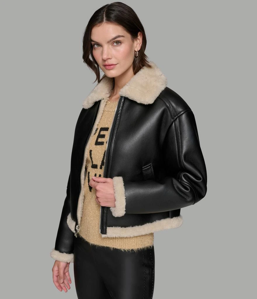Karl Lagerfeld Paris CROPPED FAUX LEATHER JACKET WITH FAUX SHEARLING 1