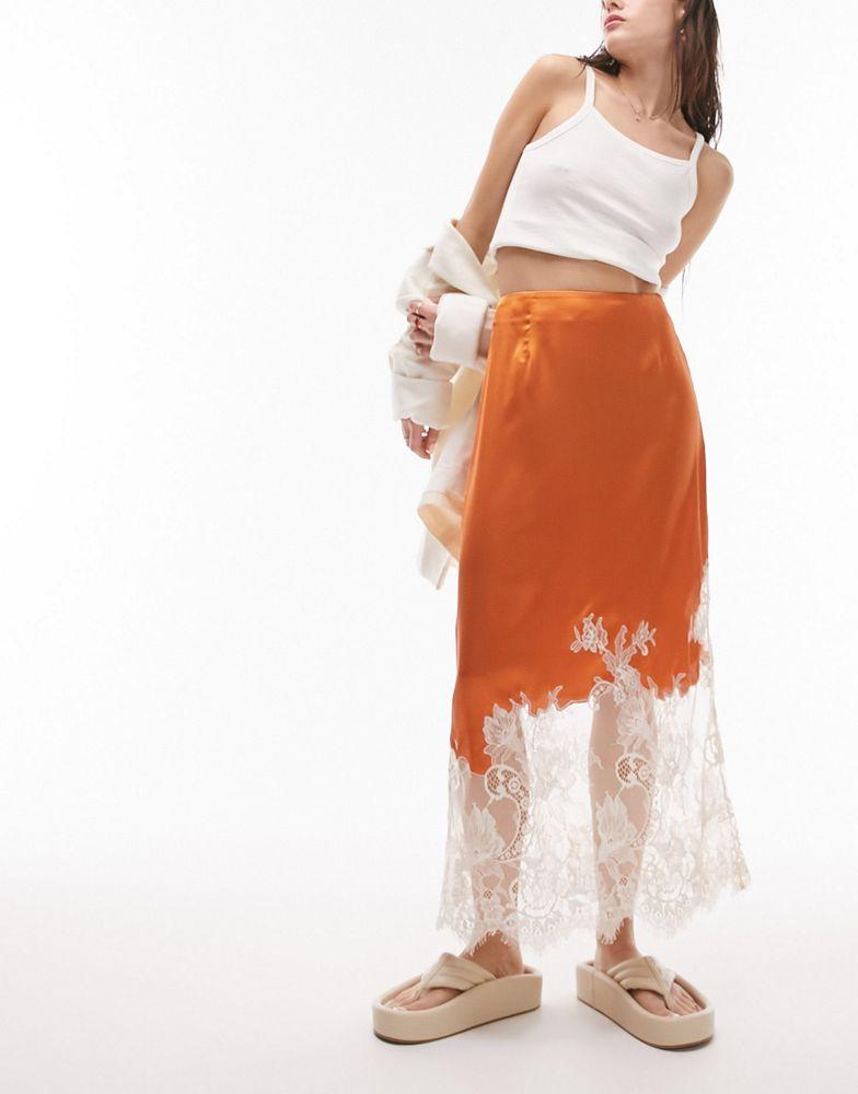 Topshop Topshop premium lace insert midi skirt in rust