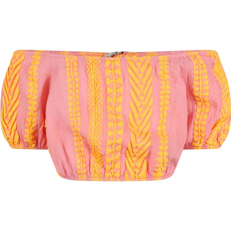 Devotion Geometric print cold shoulders cropped blouse in neon orange and pink