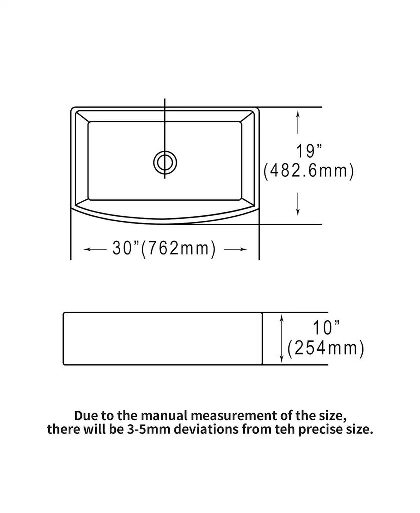 Flynama 30x19x10inch White Farmhouse Sink Ceramic Porcelain Arch Edge Apron Front Single Bowl 10