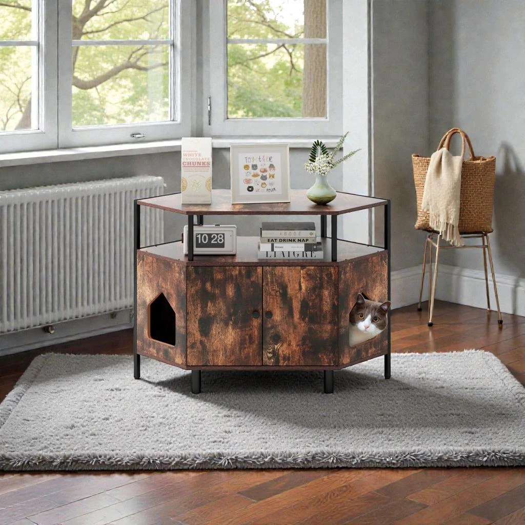 Hivvago Modern Corner Cat Litter Box Stand with Metal Legs and Twin Entry Design