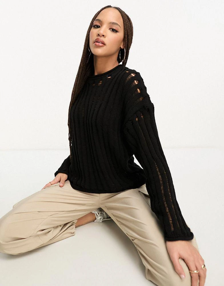 Pull&Bear Pull&Bear open knit oversized jumper in black 4