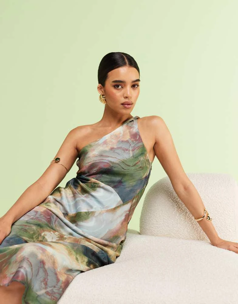 & Other Stories & Other Stories one shoulder satin midi dress with twisted strap detail in watercolour print 2