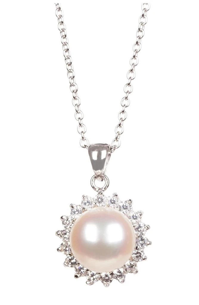 SPLENDID PEARLS 8.5-9mm White Freshwater Pearl & CZ Halo Pendant Necklace & Stud Earrings Set 3