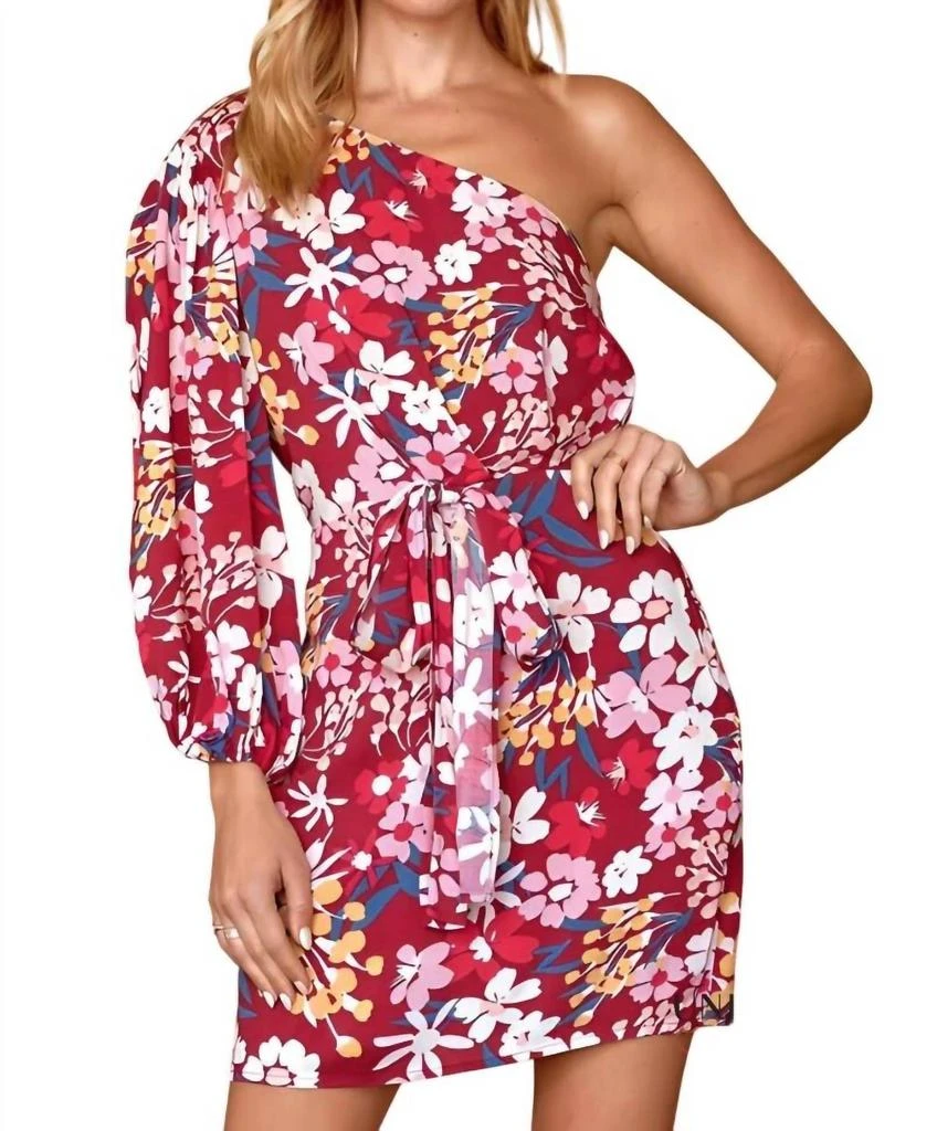 Donna One Shoulder Floral Dress - Plus In Dark Magenta Donna One Shoulder Floral Dress - Plus In Dark Magenta