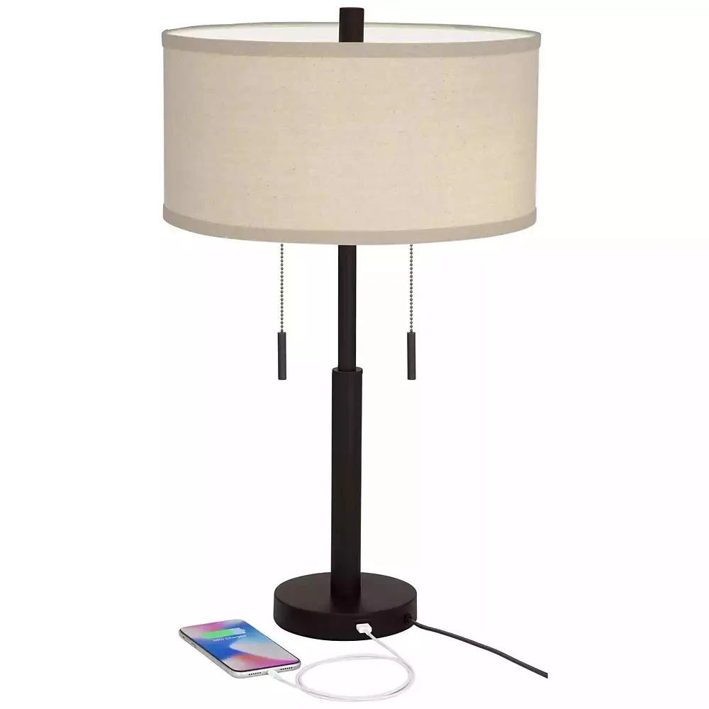 Franklin Iron Works Bernie Industrial Table Lamps 25" High Set of 2 Rich Bronze with USB Charging Port Tan Drum Shade for Bedroom Living Room Bedside 10