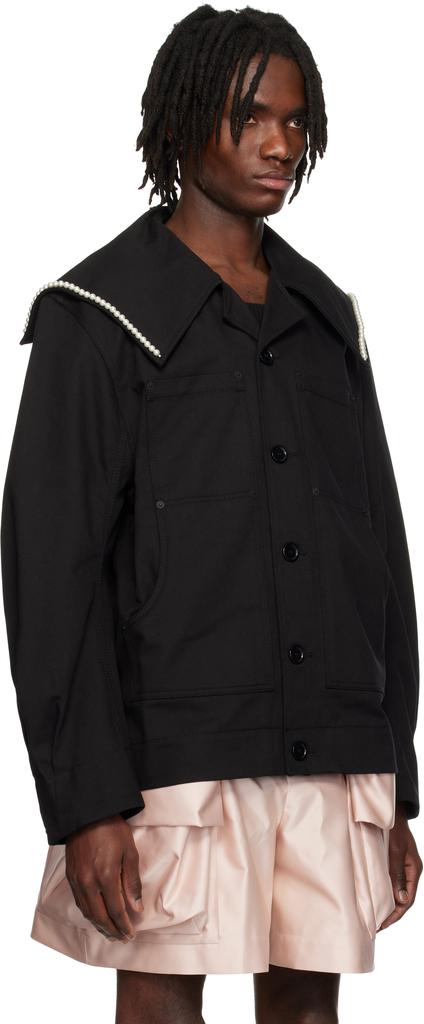 Shop Black Beaded Sailor Collar Workwear Jacket on Sale at