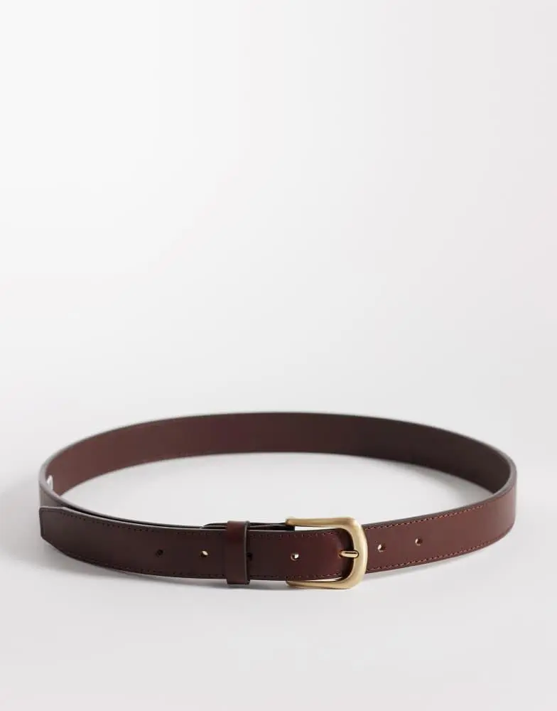 ASOS ASOS DESIGN smart leather single stud belt with rounded edge gold buckle in brown