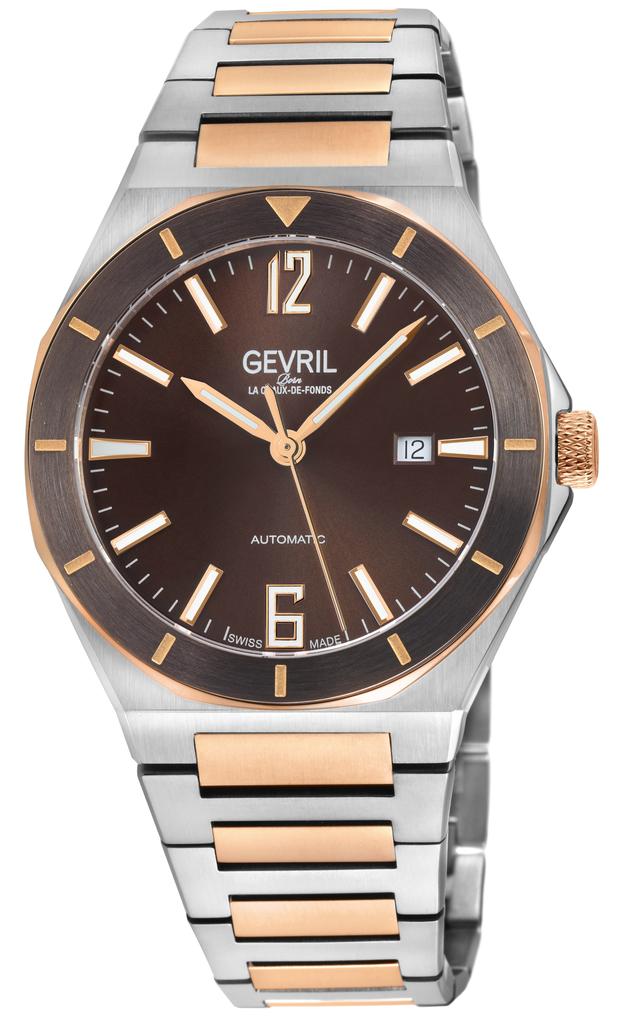Gevril Gevril Men's High Line Automatic Watch Stainless Steel Case, Top ring in Brown Sapphire Crystal, Two toned Stainless Steel IPRG Bracelet