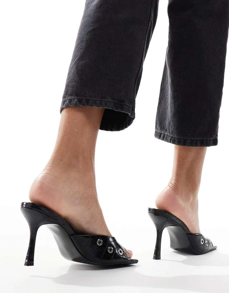 ASOS ASOS DESIGN Hammer eyelet detail mid heeled mules in black 4
