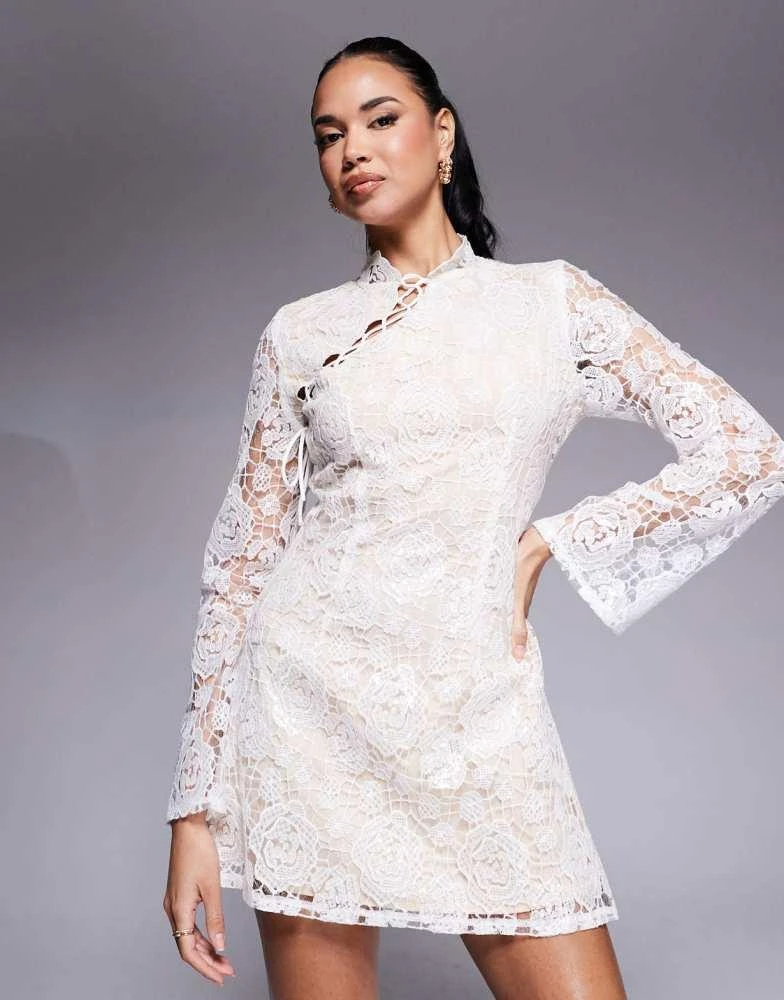 Rare London lace asymmetric lace up detail mini dress in white  On Sale  Now with Up to 20% Off | Discover Exclusive Deals & Savings at BeyondStyle   Authentic Rare Home|Women|Dresses