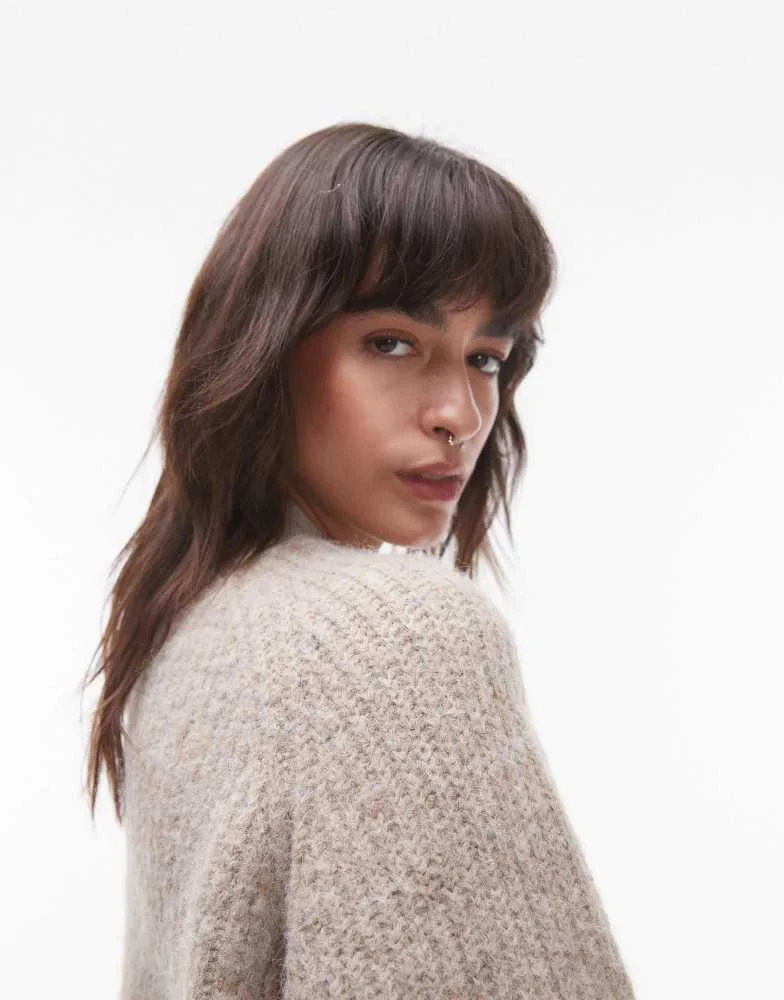 Topshop Topshop knitted high v-neck fluffy cardigan in oat 4