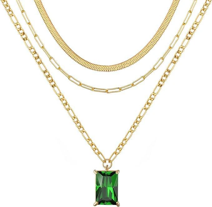 Liv Oliver 18K Gold Multi Layer Emerald cut Green Necklace 1