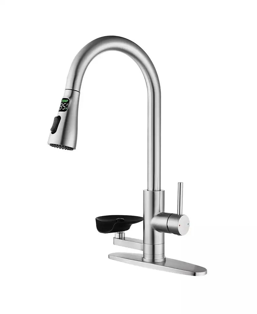 PHYING 3 in 1 Kitchen Faucet with 3 Color LED Temperature Display Press Type Glass Rinser High Arc Pull Down Sprayer 3 Spray Modes Brushed Nickel
