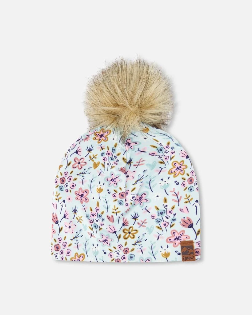 Deux par Deux Stretch Jersey Hat Blue Mini Flower Print with Pompom