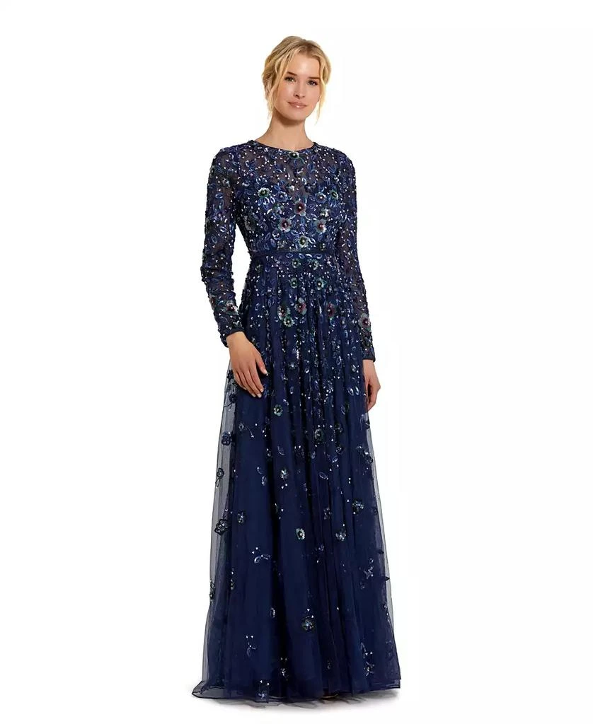 Mac Duggal Women's Embellished High Neck Long Sleeve A Line Gown