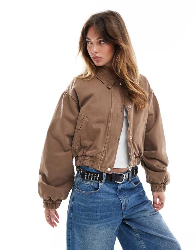 ASOS ASOS DESIGN denim bomber jacket with cord collar in brown 1