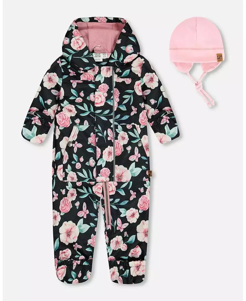 Deux par Deux Baby Girl Baby Printed Mid-Season One-Piece Outerwear With Hat Pink, Black, And Flowers - Infant
