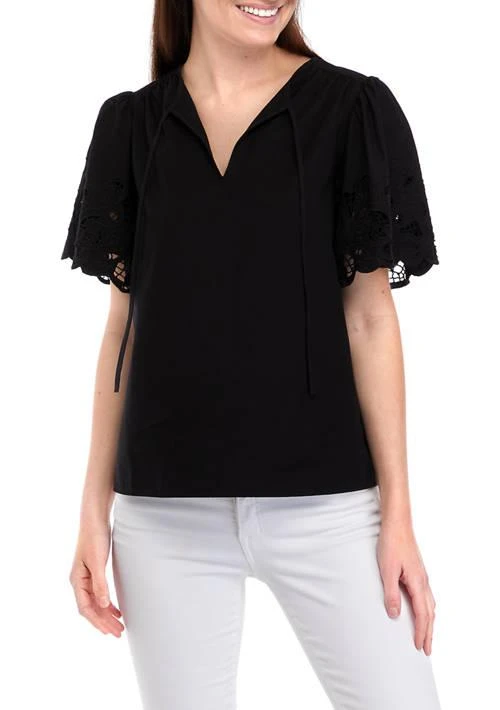 Anne Klein Klein Womens Short Flutter Sleeve Embroidered Blouse 1