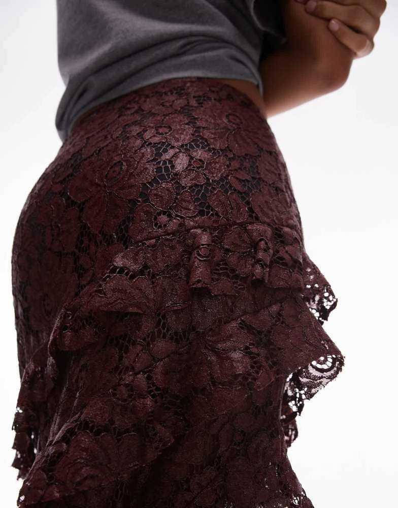 Topshop Topshop sheer lace ruffle maxi skirt in burgundy 4