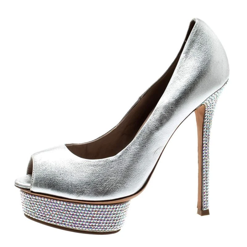 LE SILLA Le Silla Metallic Silver Leather Crystal Embellished Platform Peep Toe Pumps Size 38 2