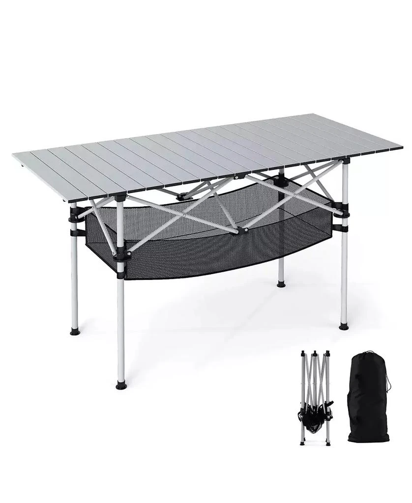 Costway Patio Folding Camping Table with Aluminum Roll-up Tabletop & Mesh Basket 10