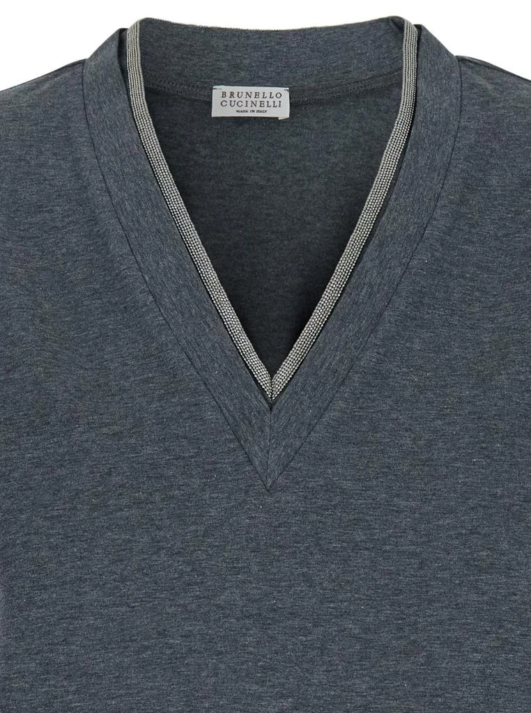 Brunello Cucinelli Grey V Neck T-shirt With Monile Detail On The Neck In Cotton Woman 3