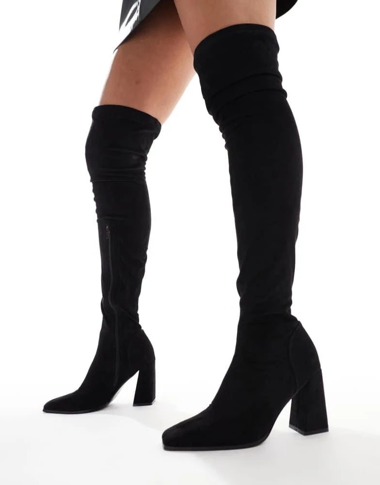 ASOS ASOS DESIGN Wide Fit Keely block-heeled over the knee boots in black micro 1