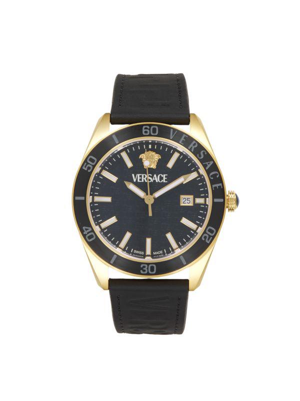 Versace V-Dome Ion-Plated Gold Stainless Steel & Leather-Strap Watch/42MM