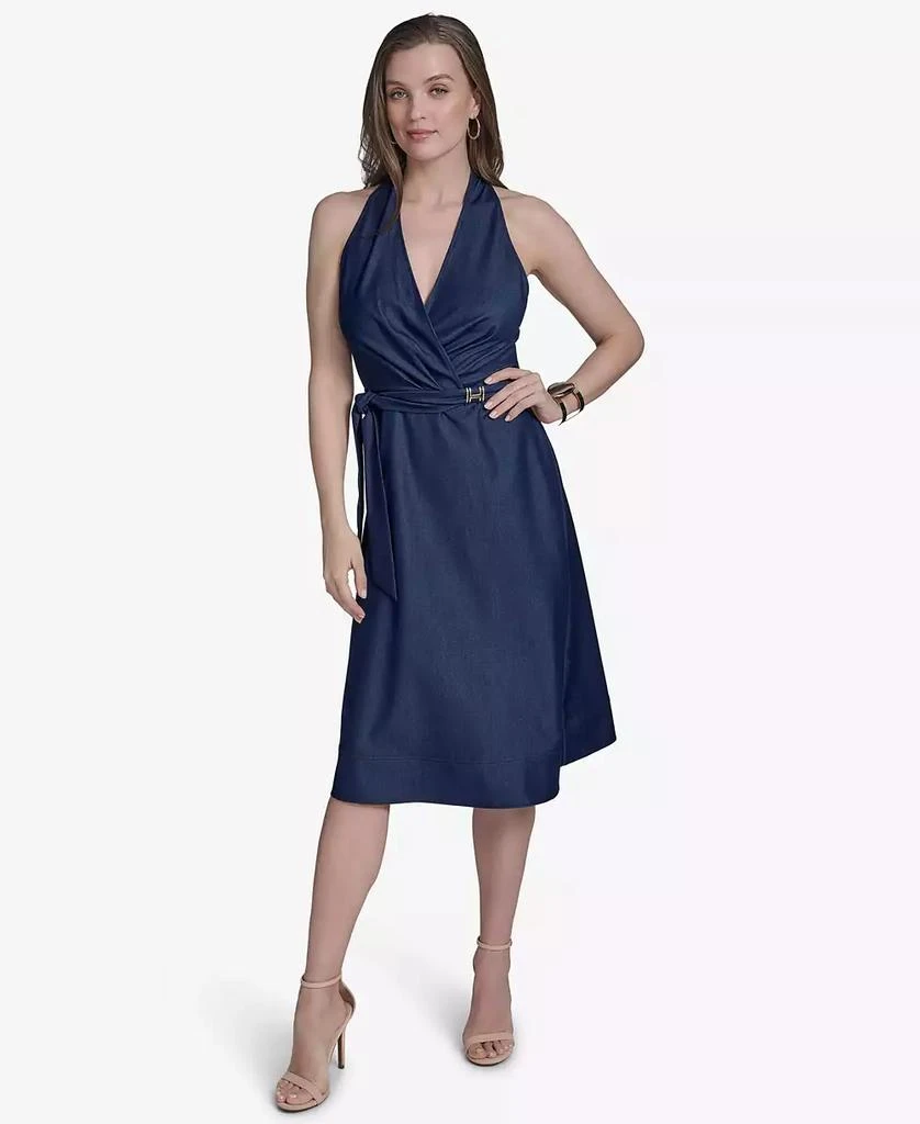 HALSTON Women's Sleeveless Halter-Neck Faux-Wrap Midi Dress 1