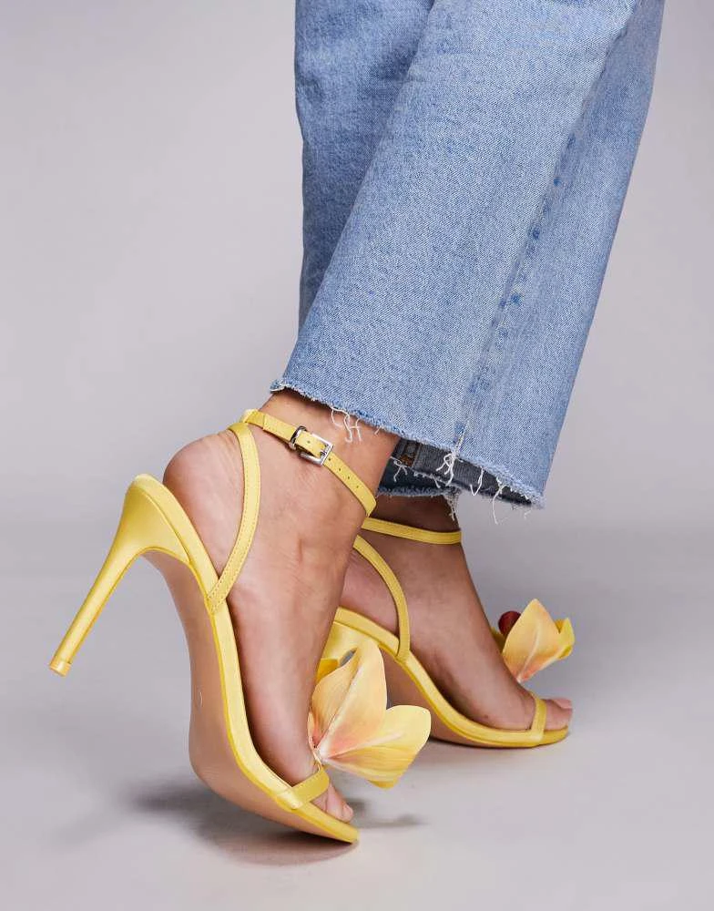 Public Desire Public Desire Smitten satin lily flower barely there high heels in yellow 2