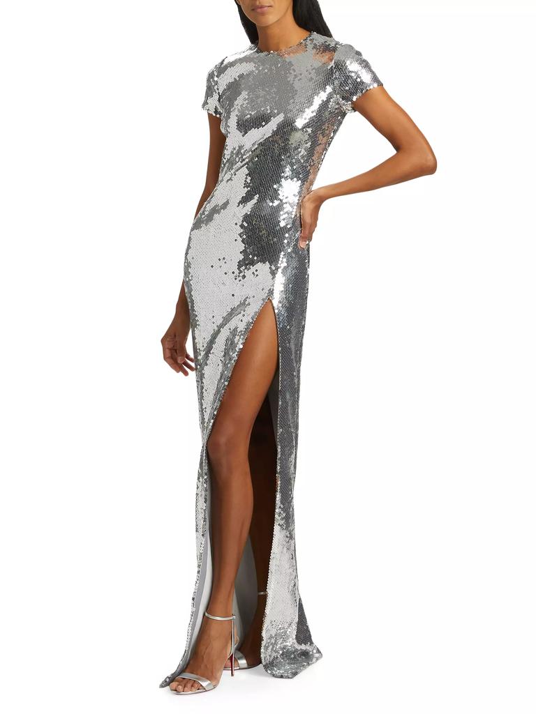 Sergio Hudson Metallic Sequin Short-Sleeve Slit Gown